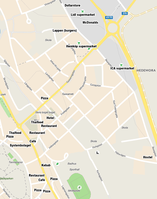 Map of Hedemora stores and restaurants